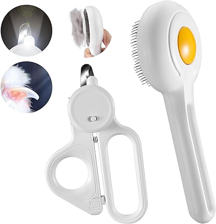 Odoland Pet Nail Clipper with LED Light and Pet Massage Comb Hair Remover, Cat Claw Trimmer with Bright LED to Avoid Excessive Cutting - Grooming Tool for Tiny Dog Cat Kitten Bunny Rabbit