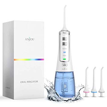 Water Dental Flosser, Anjou Cordless 10oz/300mL Professional Teeth Whitening Oral Irrigator, 3 Modes 4 Jet Tips, IPX7 Waterproof, Easy-to-Clean Water Reservoir, for Oral Health Home &Travel Use, Blue