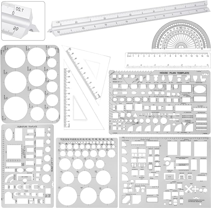 Zonon 10 Pcs Plastic Drawing Template Ruler Geometric Drawing 12 Inch Triangular Aluminum Architect Scale Measuring Templates Building Geometric Kit Plastic Ruler for Drafting(Clear, Vibrant)