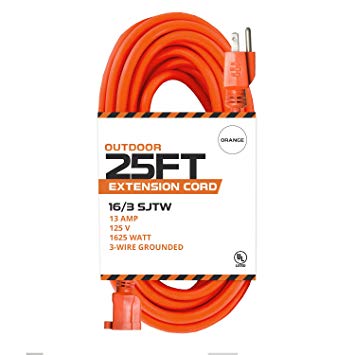 25 Ft Orange Extension Cord - 16/3 SJTW Heavy Duty Outdoor Extension Cable with 3 Prong Grounded Plug for Safety - Great for Garden & Major Appliances