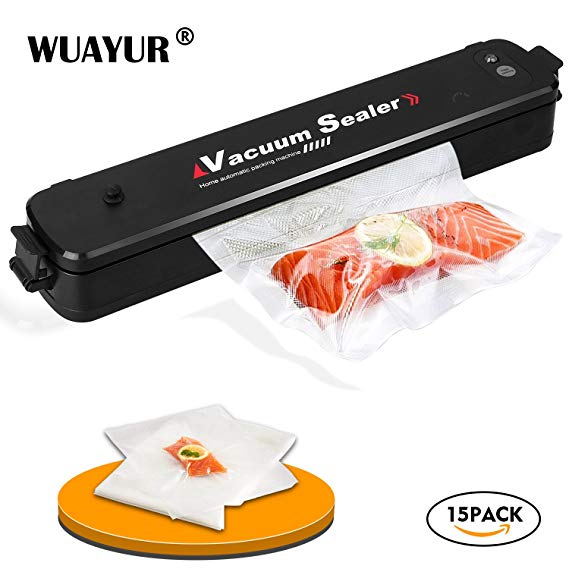 Wuayur Vacuum Sealer,Food Vacuum Packing Machine with Vacuum Hose Automatic Vacuum Sealing System With 15 Pcs Vacuum Sealer Bags[Black]