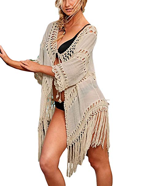 Bsubseach Women Bohemian Chiffon Bikini Swimsuit Cover Up Swimwear Tassel Cardigan