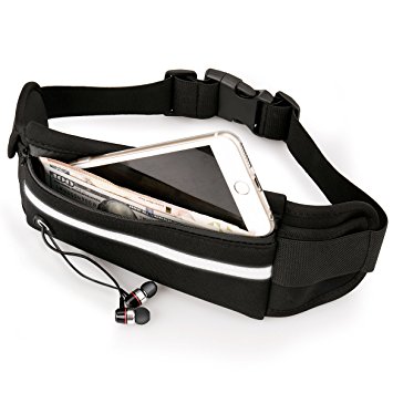 Running Belt, Splaks Sweat-proof Water-Resistance Waist Pack Money Belt Fanny Pack Bum Bag Runners Pack for iPhone 7/SE/6/6s with Keys Bag Reflective Stripe and Additional Extender-Black