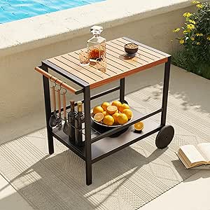 Grand patio Outdoor Bar Cart with Wine Rack, Grill Dining Cart with Double-Shelf, Aluminum Serving Cart with Wood Grain Finish Table for Patio Deck BBQ, Beverage Drink Cart