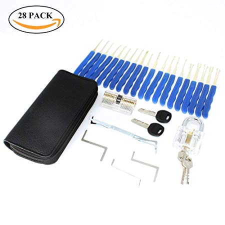 ValueHall Picking Lock Kit with 28 Piece Set Tools and 2 Transparent Practice Training Padlock for Beginners, Pro Locksmith, House Lock, and Picking Training - Lock Pick Set in a Carrying Case V7030-2
