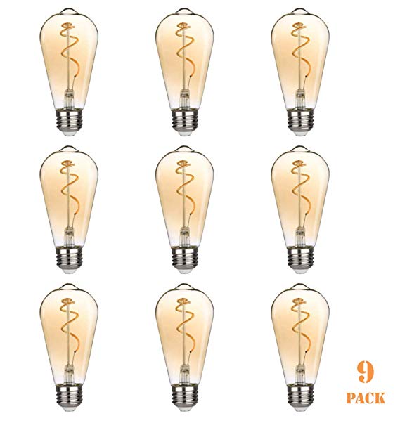 Antique LED Edison Bulbs, Warm Yellow 2200K, Vintage Style Flexible Spiral LED Filament Light Bulbs, 4.5W Equivalent to 40W, ST19(ST64) Dimmable 350LM E26 Medium Base, Amber Glass (9 Pack)