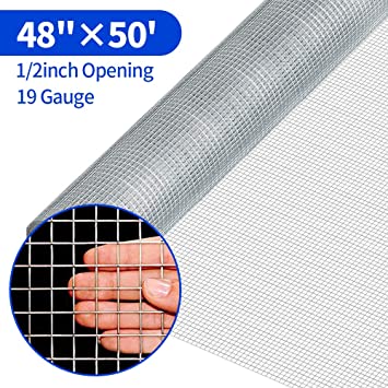 48 x 50 1/2inch Openings Square Mesh Welded Wire 19 Gauge Hot-dipped Galvanized Hardware Cloth Gutter Guards Plant Supports Poultry Enclosure Chicken Run Fence Indoor Rabbit Pen Cage Wire Window Doors