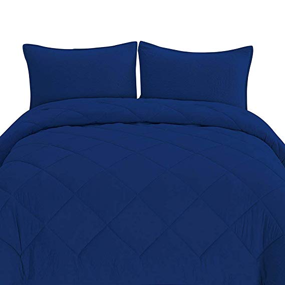 HONEYMOON HOME FASHIONS King Down Alternative Comforter Set, Microfiber Hypoallergenic Diamond Stitch, 3-Piece Luxury, Navy Blue