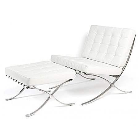 Mid Century Modern Classic Barcelona Style Replica Lounge Chair & Ottoman With Premium PU White Leather and Stainless Steel Frame