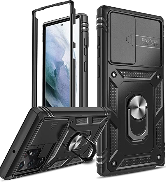 LeYi Samsung S22 Ultra Case with Camera Cover Slider[No Screen Protector], 360° Full Body Protective Shockproof Heavy Duty Phone Hybrid Case with Ring Stand for Samsung Galaxy S22 Ultra 5G 6.8" Black