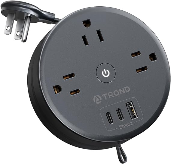 TROND Retractable Extension Cord Power Strip - Travel Power Strip with 3 AC Outlets 3 USB Ports (2 USB C), Ultra Thin Flat Plug 5ft, Cruise Ship Essentials, for Home Hotel Dorm Room, Black