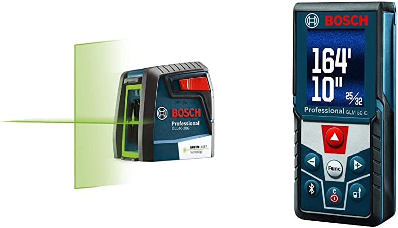 Bosch GLL40-20G 40ft Green-Beam Self-Leveling Cross-Line Laser & Blaze GLM50C Bluetooth Enabled 165ft Laser Distance Measure with Color Backlit Display
