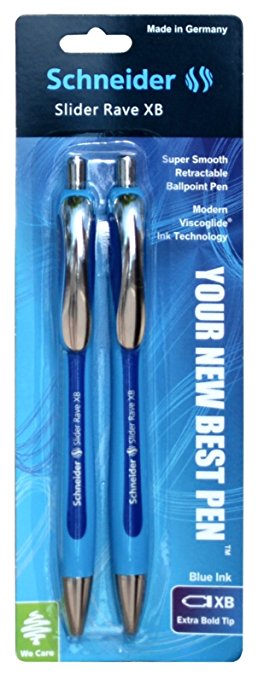 Schneider Slider Rave Retractable Ballpoint Pen, Blue, 2 Pack (132593)