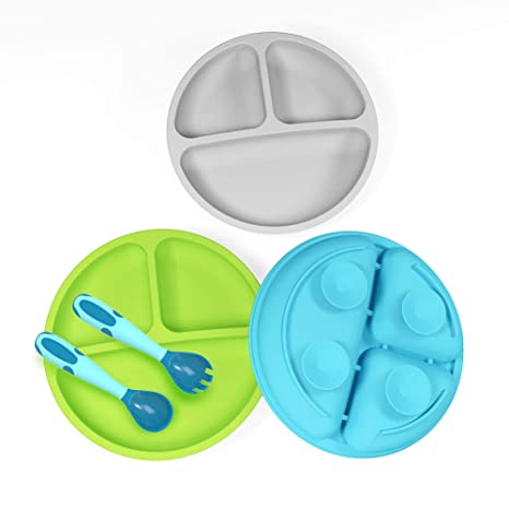 3 Pack Safe Silicone Baby Suction Plates - Toddler Divided Plate Set with Spoon Fork, Dishwasher and Microwave Safe, Great Gift Set