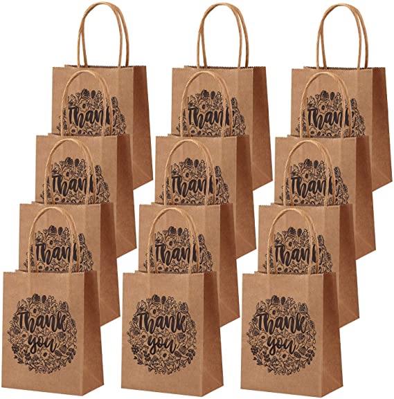 Cooraby 24 Pieces 4.7 x 2.4 x 5.9 Inch Mini Thank You Party Bags Brown Kraft Paper Bags with Handle for Shopping Wedding Goodies Birthday Party Favor