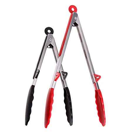 2 Pack Kitchen Tongs Set SIKIWIND 9"& 12" Stainless Steel Silicone Locking Tongs with Built-in Stand Design for Cooking,Salad,BBQ,Serving(Black&Red)