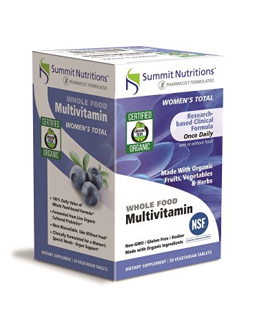 Summit Nutritions Organic Wholefood Multivitamins: Certified Organic: Non-GMO, Certified Kosher: Gluten Free: Total Organ Support: Once a Daily: Can be taken EMPTY STOMACH: WOMEN"S TOTAL