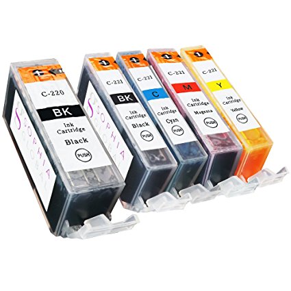 Sophia Global 5 Pack Compatible Ink Cartridge Replacement for Canon PGI-220 and CLI-221 (1 Large Black C-220, 1 Small Black C-221, 1 Cyan, 1 Magenta, 1 Yellow)