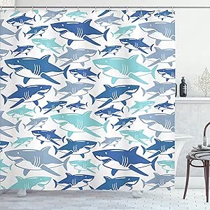 Ambesonne Shark Shower Curtain, Colorful Underwater Fish Pattern Masters Survival Predators Dangerous Nature, Cloth Fabric Bathroom Decor Set with Hooks, 69" W x 75" L, Mint Green