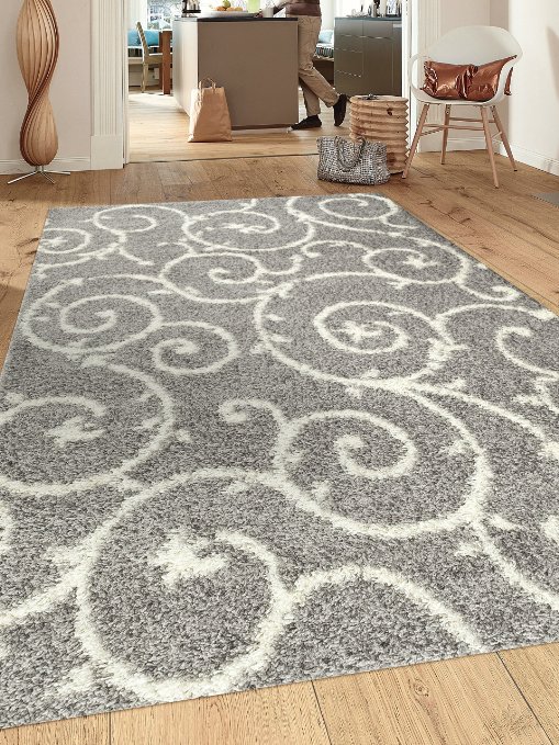 Soft Cozy Contemporary Scroll L.Grey-White 5'3" x 7'3" Indoor Shag Area Rug