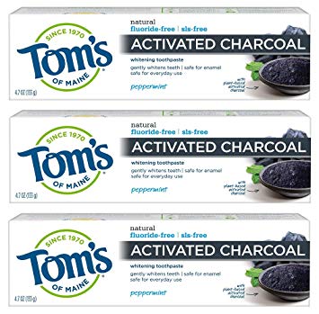 Tom's of Maine Activated Charcoal Toothpaste, Natural Toothpaste, Peppermint, Fluoride Free, 4.7 oz 3 Pack