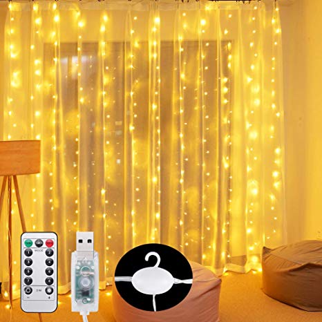 Curtain Lights String 300 LED 9.8Ftx9.8Ft USB Powered String Lights IP64 Waterproof Warm White Twinkle Wall Lights for Wedding Party Home Garden Bedroom Outdoor Indoor Wall Decorations