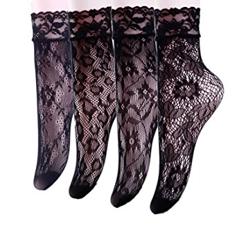 4 Pairs Women's Lace Fishnet Sheer Ankle Dress Socks - Stylish Black