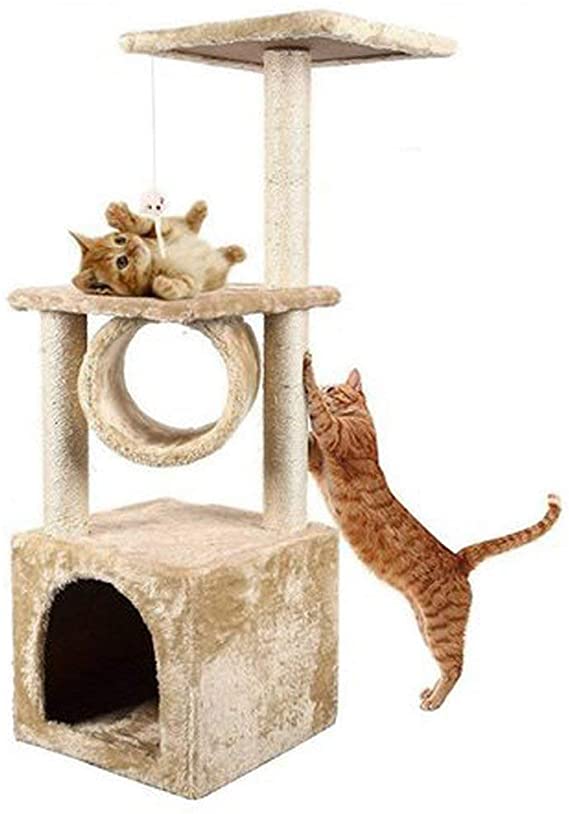 ICOCO Cat scratching post cat tree cat kitten climbing tower with Rope and Hammock Scratches Bed Tree Climbing Toy Activity Center Play Tower House Home Decorative Fuiniture (Beige 91cm)