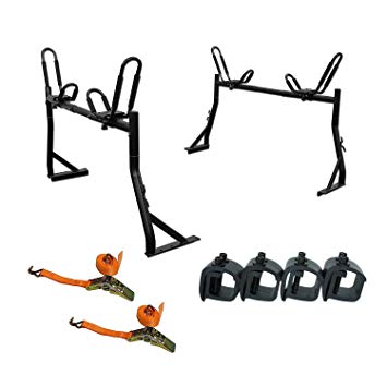 AA-Racks Model X35 Truck Rack with (8) Non-Drilling C-Clamps and (2sets) Kayak J-Racks w/ Extended Bolts and (2) Heavy Duty 1 Ton Ratcheting Strap