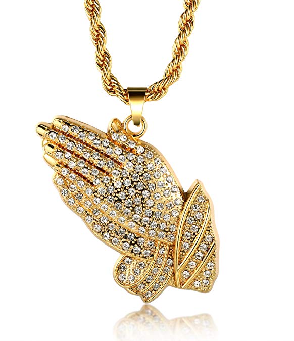Halukakah "Prayer Men's 18k Real Gold Plated Hand Pendant Necklace,Cz Inlay,with Free Rope Chain 30"