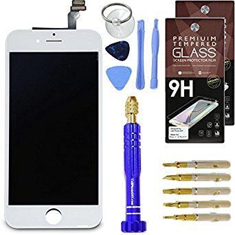 Cell Phone DIY White Replacement Screen for Apple iPhone 6 Plus - Complete Grade AAA Digitizer and LCD Assembly, Repair Kit Inc. Premium Repair Tools   [2x] Hardened Tempered Glass Touchscreen Protectors