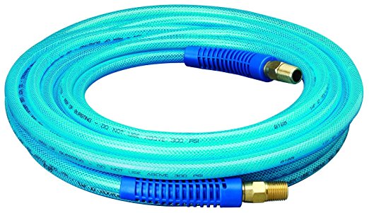 Amflo 12-25E Blue 300 PSI Polyurethane Air Hose 1/4" x 25' With 1/4" MNPT Swivel Ends And Bend Restrictor Fittings