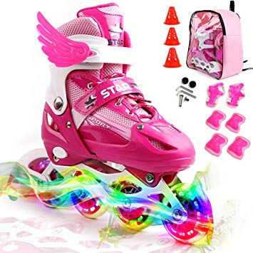 ZALALOVA Kids Adjustable Inline Skates, Safe and Durable Roller Skates for Girls with Breathable Mesh Rollerblades- Featuring All Illuminating Wheels