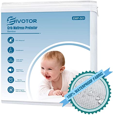 EIVOTOR Crib Mattress Protector 100% Waterproof【2020 Upgrade】 Baby Crib Mattress Pad Cover Skin-Friendly, Without Vinyl – Premium Bamboo Jacquard Fabric, PVC Free