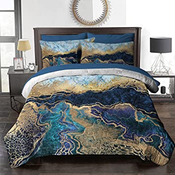 BlessLiving Marble Comforter Bed in A Bag 8 Pieces Queen Size Comforter Sets - 1 Comforter, 2 Pillow Shams, 1 Flat Sheet, 1 Fitted Sheet, 1 Cushion Cover, 2 Pillowcases - Navy Blue and Gold Foil
