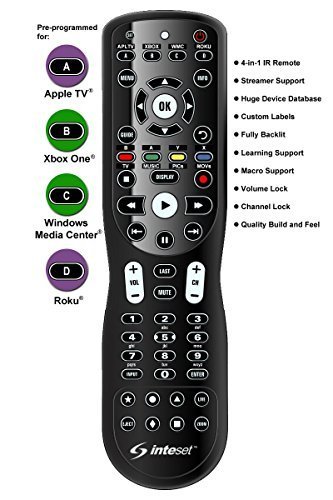 Inteset INT-422 4-in-1 Universal Backlit IR Learning Remote for Apple TV Xbox One Roku and Media Center