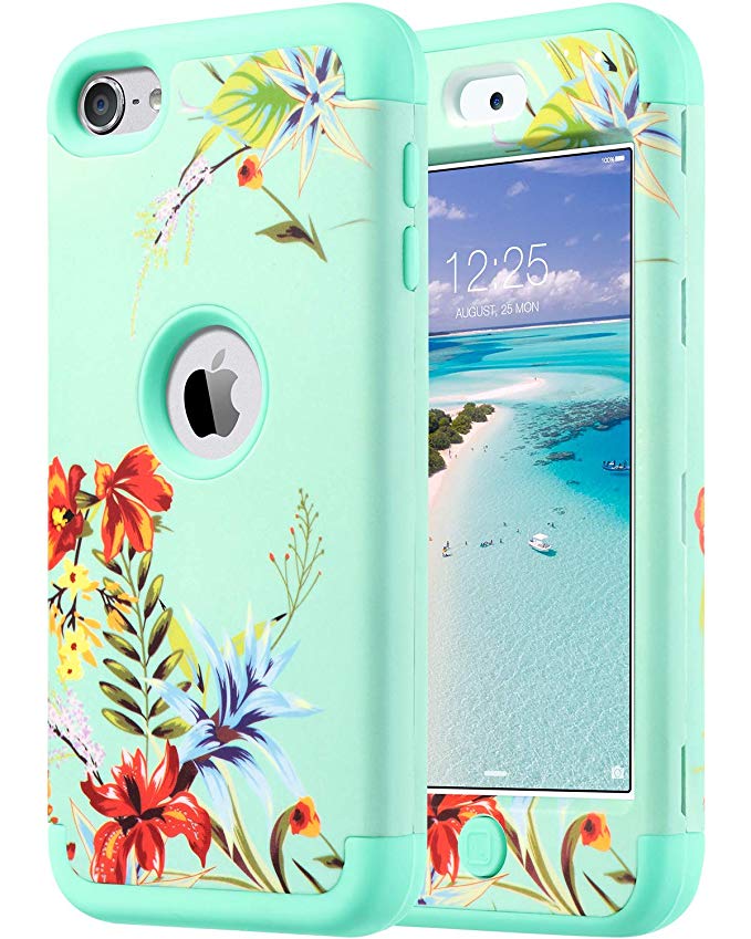 ULAK Case for iPod Touch/iPod Touch 6 & 5, Heavy Duty Protection Shockproof High Impact Knox Armor Case Cover Protective Case for Apple iPod Touch 5 6th Generation (Mint Tropical Flower)