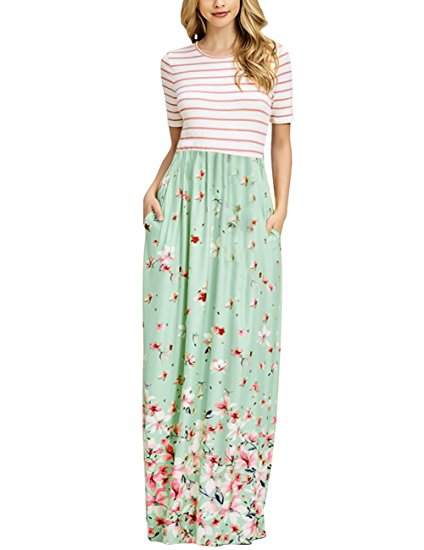 MEROKEETY Women's Summer Short Sleeve Striped Floral Print Elastic Waist Maxi Dress with Pockets