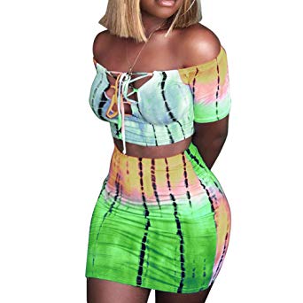acelyn Women's Two Piece Outfits - Bodycon Sexy Off Shoulder Crop Top   Mini Skirt Set Clubwear
