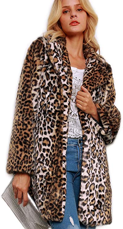 Women Warm Long Sleeve Parka Faux Fur Coat Overcoat Leopard Fluffy Top Jacket