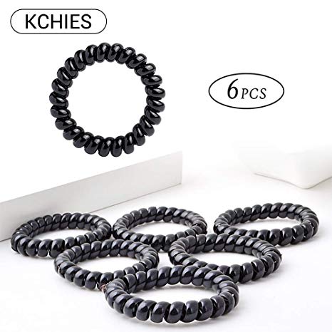 KCHIES Spiral Hair Ties for Women Girls No Crease True Black Coil Hair Bands Solid Telephone Cord Hair Coils Rubber Elastics Original Power Traceless Hair Ring Plastic Ponytail Holders for Thick Hair 6