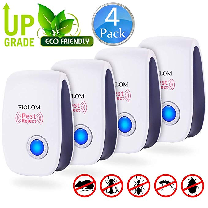 FIOLOM ZEM Electronic, Ultrasonic Repeller Indoor Plug in Pest Control for Insects, Spiders, Fleas, Flies, Cockroaches, Roaches, Bugs, Ants, Mice, Mosquitoes, Rodents (4 Pack), AW-2032
