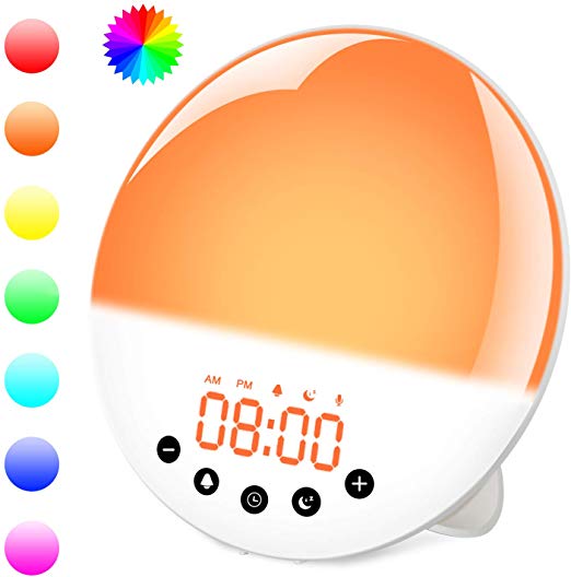 MAOZUA FM Radio Alarm Clock Digital Radio Clock Bedside Alarm Clocks Wake up Light with 7 Colors Snooze Function and Sleep Timer Simulated Sunrise and Sunset USB Charger-Touch Control (1.9 inch)