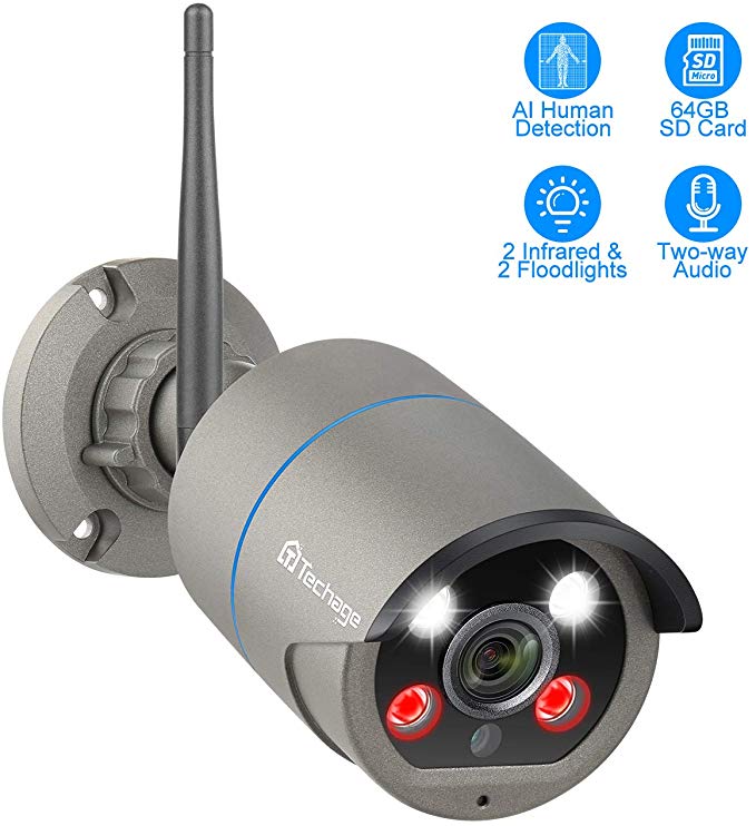 Techage WiFi Security Camera Outdoor 1080P WiFi Cameras Outdoor IP Camera, Two-Way Audio, AI Detection, Night Vision with Two floodlights, IP66 Waterproof, Remote View(64G SD Card Included)