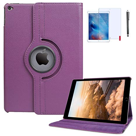 iPad 6th Generation Cases 2018/2017 (6th,5th) 360 Degree Rotating Stand Protective Hard-Cover Folding Case with Auto Wake/Sleep Feature with Bonus Screen Protector and Stylus (Purple)