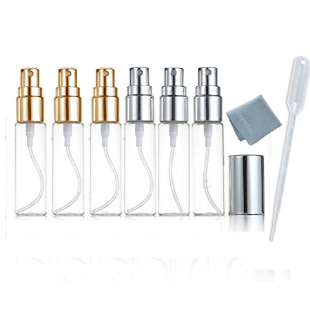 Elfenstall- 6pcs Mini Fine Mist Clear 10ml 1/3OZ Atomizer Glass bottle Spray Refillable Fragrance Perfume Empty Scent Bottle Clean Cloth for Travel Party Portable Makeup Tool free 3ML Free Pipette