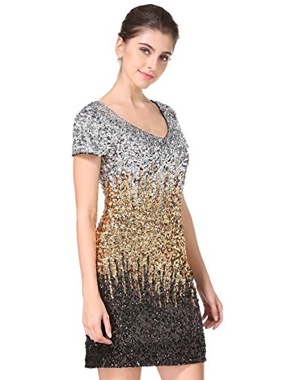 Women's Sequin Glitter Short Sleeve Gowns Sexy V Neck Mini Party Bodycon Dress Not Itching