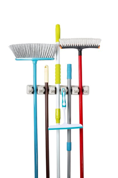 Saganizer Mop and broom Holder wall mount  5 position broom organizer with 6 hooks