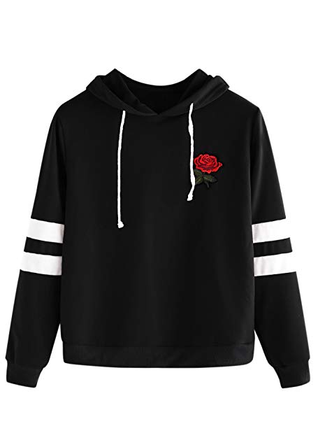 DIDK Embroidered Rose Patch Stripe Sleeve Hoodie Sweatshirt