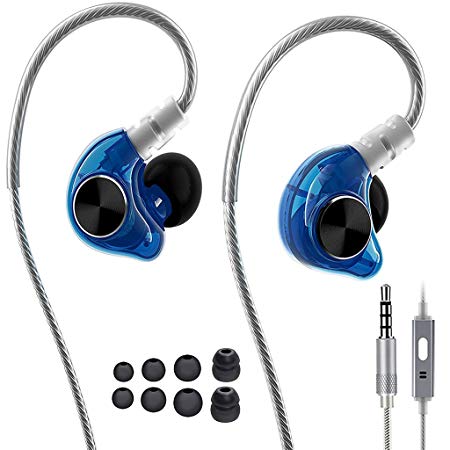 In Ear Sports Headphones, HIFI monitor Earbuds with Noise Isolating, Mic and Remote, Flex Memory Wire Earhooks Earphones for Running Fitness Jogging Gym Exercise Workout Motorcycle IPhone Samsung Blue